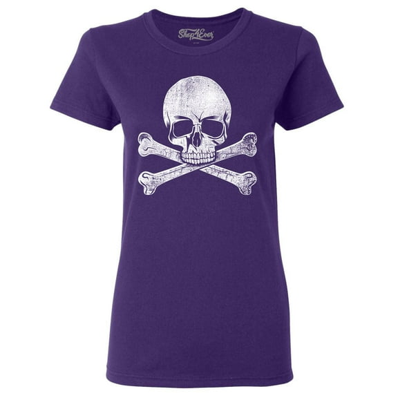 Shop4Ever Women's Distressed White Skull and Crossbones Graphic T-Shirt Medium Purple