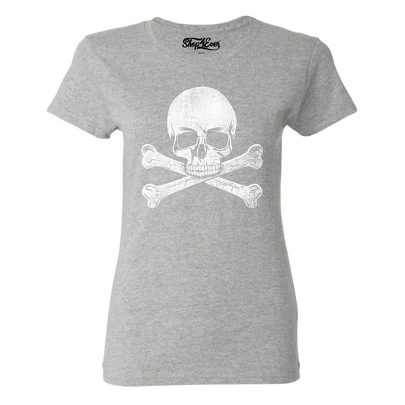Shop4Ever Women's Distressed White Skull and Crossbones Graphic T-Shirt Medium Sports Grey