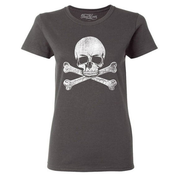 Shop4Ever Women's Distressed White Skull and Crossbones Graphic T-Shirt Small Charcoal