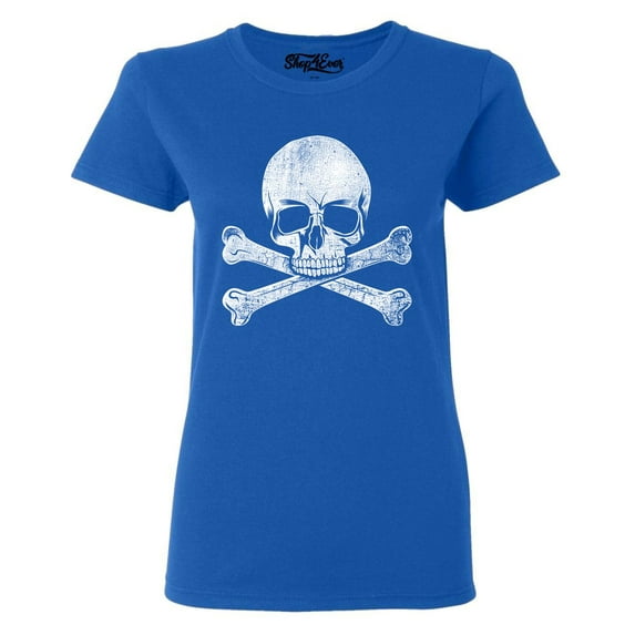 Shop4Ever Women's Distressed White Skull and Crossbones Graphic T-Shirt Small Royal Blue