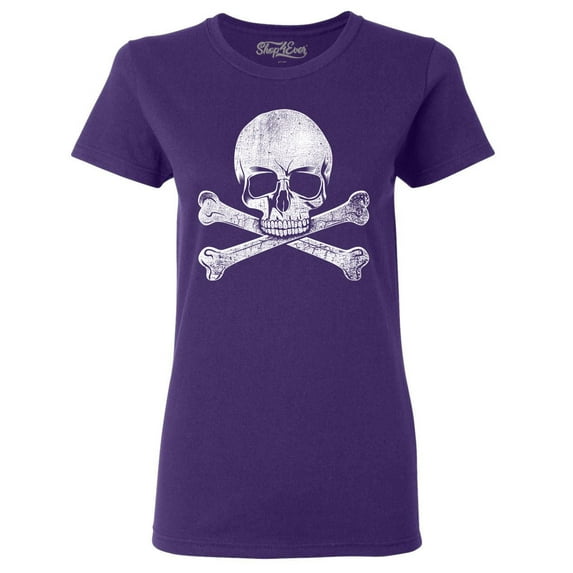 Shop4Ever Women's Distressed White Skull and Crossbones Graphic T-Shirt X-Large Purple