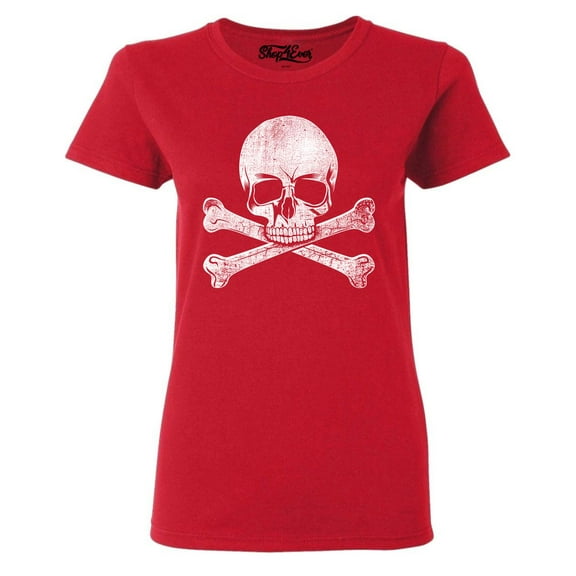 Shop4Ever Women's Distressed White Skull and Crossbones Graphic T-Shirt XX-Large Red