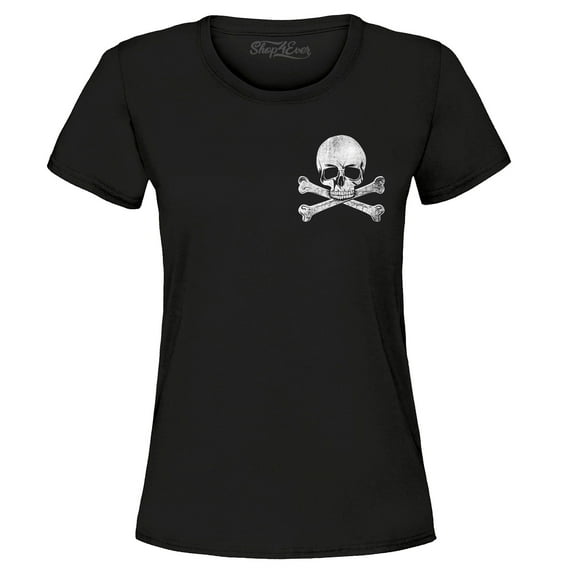 Shop4Ever Women's Distressed White Skull and Crossbones Pocket Size  Graphic T-Shirt Large Black