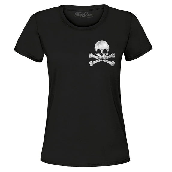 Shop4Ever Women's Distressed White Skull and Crossbones Pocket Size Graphic T-Shirt Large Black
