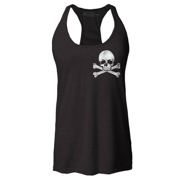 Shop4Ever Women's Distressed White Skull and Crossbones Pocket Size Racerback Tank Top X-Small Black