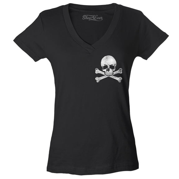 Shop4Ever Women's Distressed White Skull and Crossbones Pocket Size Slim Fit V-Neck T-Shirt X-Small Black