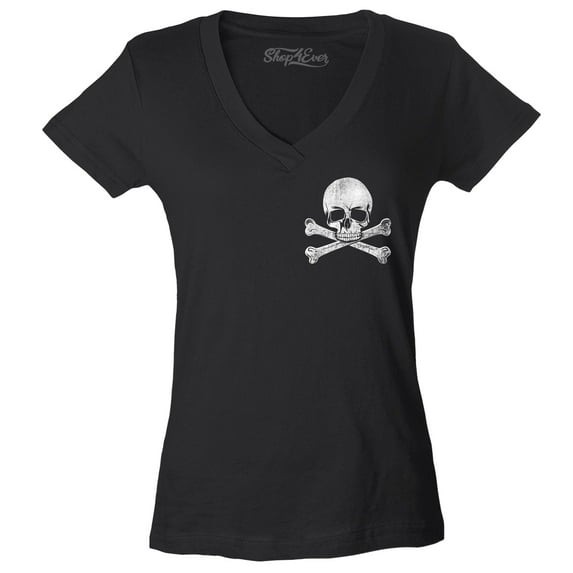 Shop4Ever Women's Distressed White Skull and Crossbones Pocket Size Slim Fit V-Neck T-Shirt XX-Large Black