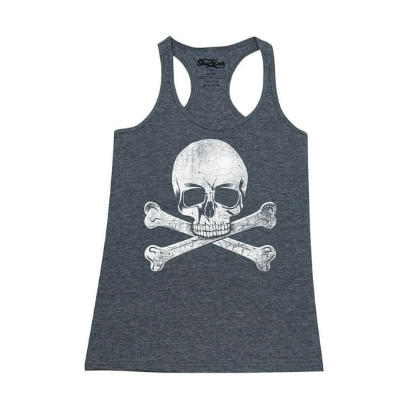 Shop4Ever Women's Distressed White Skull and Crossbones Racerback Tank Top Large Charcoal