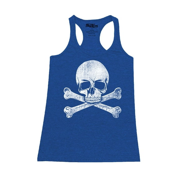 Shop4Ever Women's Distressed White Skull and Crossbones Racerback Tank Top Large Royal Blue