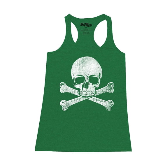 Shop4Ever Women's Distressed White Skull and Crossbones Racerback Tank Top Medium Kelly Green