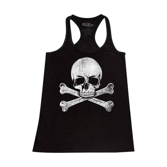 Shop4Ever Women's Distressed White Skull and Crossbones Racerback Tank Top Small Black