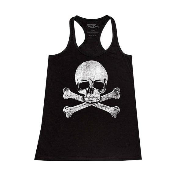 Shop4Ever Women's Distressed White Skull and Crossbones Racerback Tank Top X-Small Black