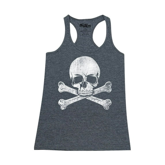 Shop4Ever Women's Distressed White Skull and Crossbones Racerback Tank Top X-Small Charcoal