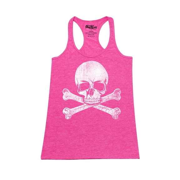 Shop4Ever Women's Distressed White Skull and Crossbones Racerback Tank Top X-Small Fuchsia
