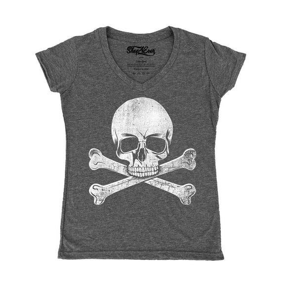 Shop4Ever Women's Distressed White Skull and Crossbones Slim Fit V-Neck T-Shirt Medium Heather Charcoal