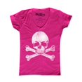 thumbnail image 1 of Shop4Ever Women's Distressed White Skull and Crossbones Slim Fit V-Neck T-Shirt Medium Pink, 1 of 5