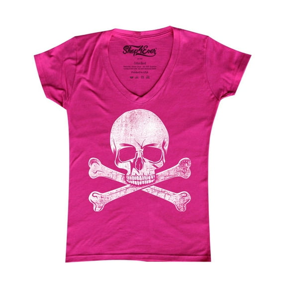 Shop4Ever Women's Distressed White Skull and Crossbones Slim Fit V-Neck T-Shirt Medium Pink