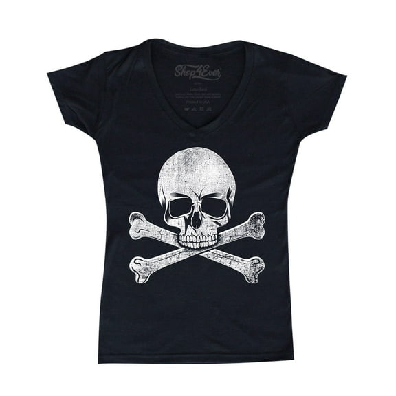 Shop4Ever Women's Distressed White Skull and Crossbones Slim Fit V-Neck T-Shirt X-Small Black