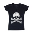 thumbnail image 1 of Shop4Ever Women's Distressed White Skull and Crossbones Slim Fit V-Neck T-Shirt XX-Large Black, 1 of 5