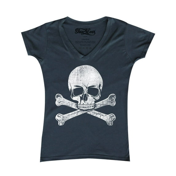 Shop4Ever Women's Distressed White Skull and Crossbones Slim Fit V-Neck T-Shirt XX-Large Charcoal
