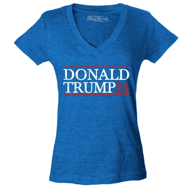 Shop4Ever Women's Donald Trump 2024 Presidential Election Slim Fit V-Neck T-Shirt Small Heather Royal Blue