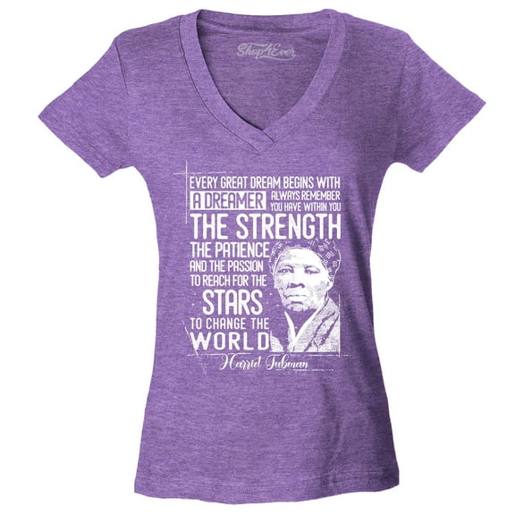 Shop4Ever Women's Dreamer Change The World Quote Harriet Tubman Slim Fit V-Neck T-Shirt X-Small Heather Purple