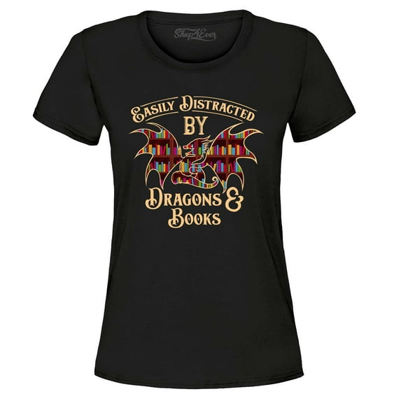 Shop4Ever Women's Easily Distracted by Dragons and Books Graphic T-Shirt X-Large Black