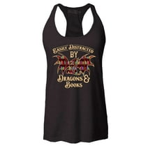 Shop4Ever Women's Easily Distracted by Dragons and Books Racerback Tank Top Large Black
