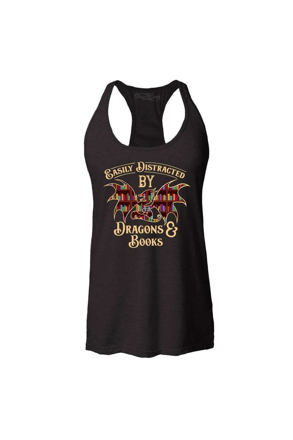 Women's Easily Distracted by Dragons and Books Racerback Tank Top Small Black