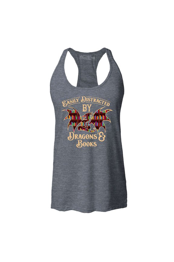 Women's Easily Distracted by Dragons and Books Racerback Tank Top Small Charcoal