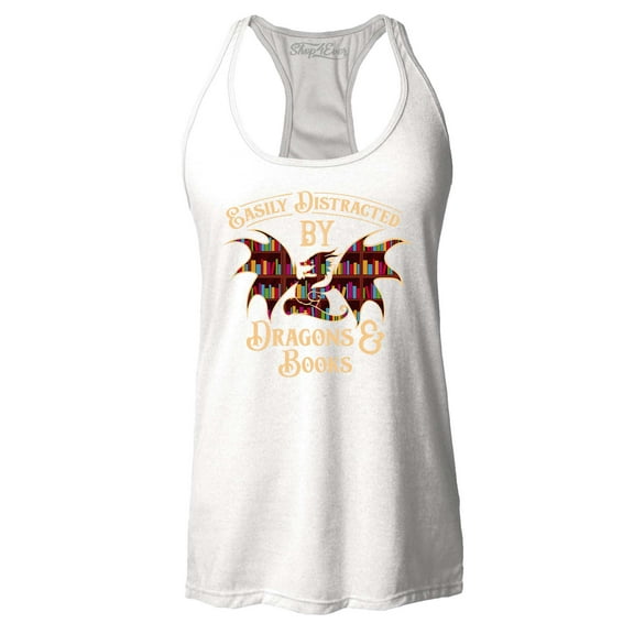 Shop4Ever Women's Easily Distracted by Dragons and Books Racerback Tank Top X-Small White