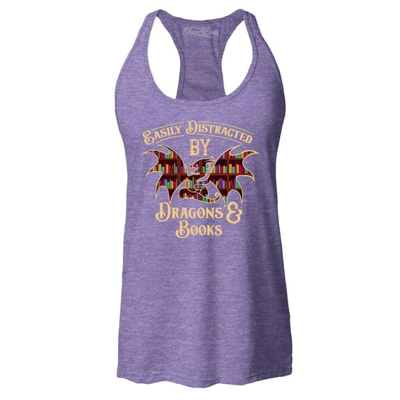 Shop4Ever Women's Easily Distracted by Dragons and Books Racerback Tank Top XX-Large Purple