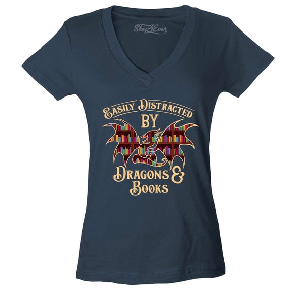 Shop4Ever Women's Easily Distracted by Dragons and Books Slim Fit V-Neck T-Shirt X-Small Charcoal