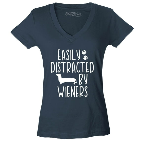 Shop4Ever Women's Easily Distracted by Wieners Weenie Dog Slim Fit V-Neck T-Shirt Large Charcoal