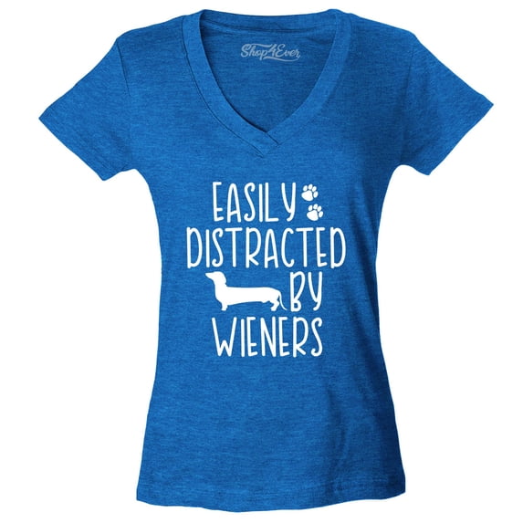 Shop4Ever Women's Easily Distracted by Wieners Weenie Dog Slim Fit V-Neck T-Shirt Medium Heather Royal Blue