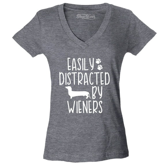 Shop4Ever Women's Easily Distracted by Wieners Weenie Dog Slim Fit V-Neck T-Shirt Small Heather Charcoal