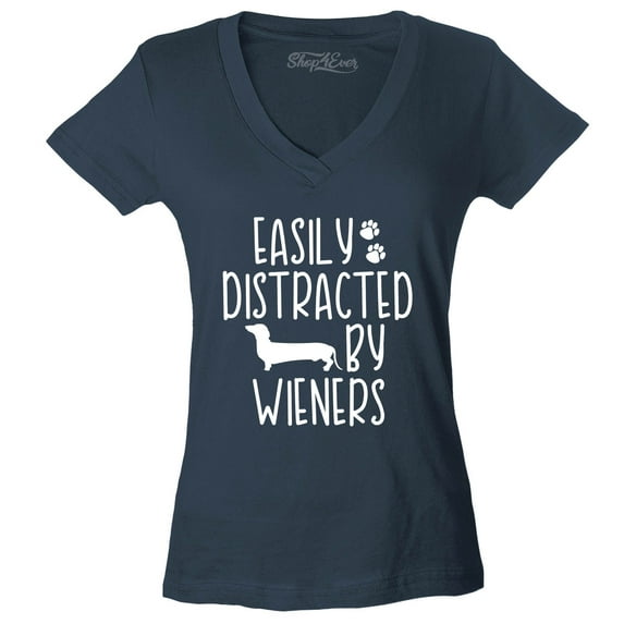 Shop4Ever Women's Easily Distracted by Wieners Weenie Dog Slim Fit V-Neck T-Shirt XX-Large Charcoal