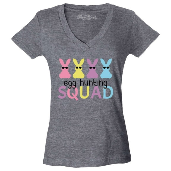 Shop4Ever Women's Easter Bunny Egg Hunting Squad Slim Fit V-Neck T-Shirt Medium Heather Charcoal