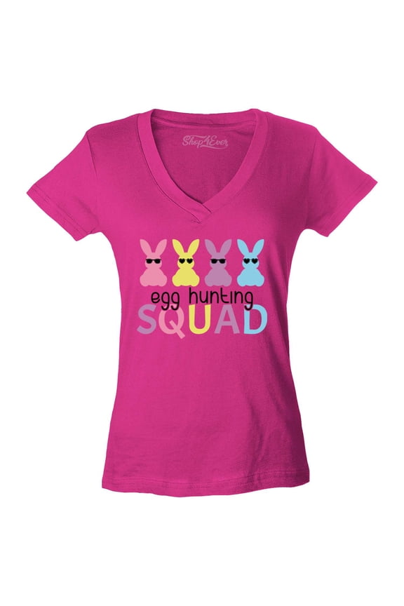 Women's Easter Bunny Egg Hunting Squad Slim Fit V-Neck T-Shirt Medium Pink