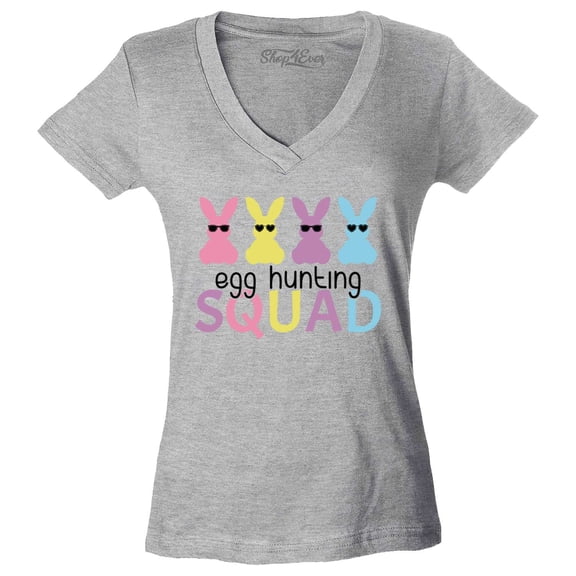Shop4Ever Women's Easter Bunny Egg Hunting Squad Slim Fit V-Neck T-Shirt Medium Sports Grey