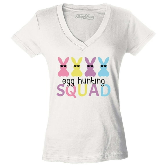 Shop4Ever Women's Easter Bunny Egg Hunting Squad Slim Fit V-Neck T-Shirt Medium White