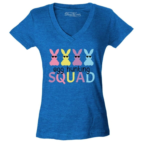 Shop4Ever Women's Easter Bunny Egg Hunting Squad Slim Fit V-Neck T-Shirt X-Small Heather Royal Blue
