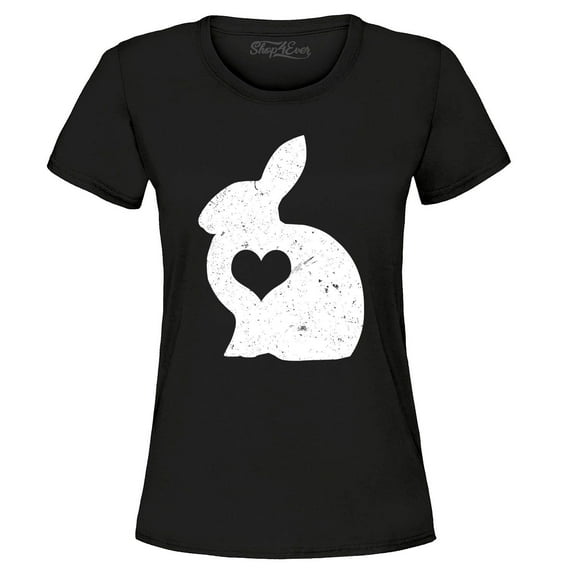 Shop4Ever Women's Easter Bunny Rabbit with Heart Graphic T-Shirt X-Large Black