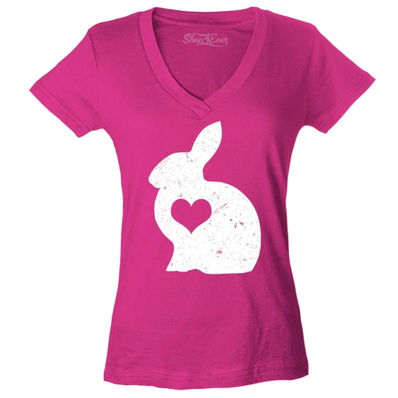 Shop4Ever Women's Easter Bunny Rabbit with Heart Slim Fit V-Neck T-Shirt Medium Pink