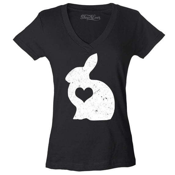 Shop4Ever Women's Easter Bunny Rabbit with Heart Slim Fit V-Neck T-Shirt X-Large Black
