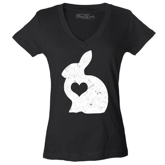 Shop4Ever Women's Easter Bunny Rabbit with Heart Slim Fit V-Neck T-Shirt X-Small Black