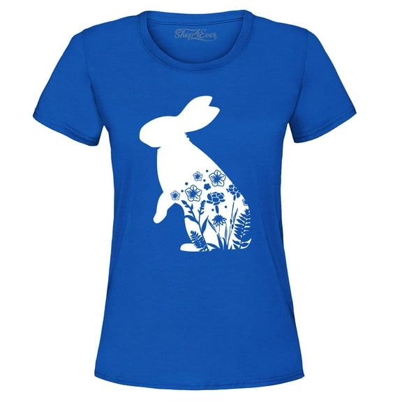 Shop4Ever Women's Easter Bunny Rabbit with Spring Flowers  Graphic T-Shirt Large Royal Blue