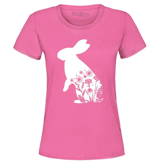 Shop4Ever Women's Easter Bunny Rabbit with Spring Flowers Graphic T-Shirt Medium Azalea Pink