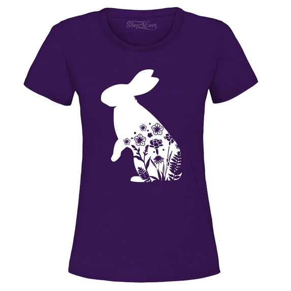 Shop4Ever Women's Easter Bunny Rabbit with Spring Flowers Graphic T-Shirt Medium Purple