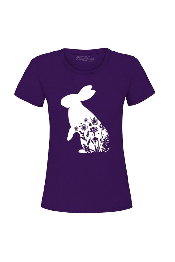 Women's Easter Bunny Rabbit with Spring Flowers Graphic T-Shirt Medium Purple